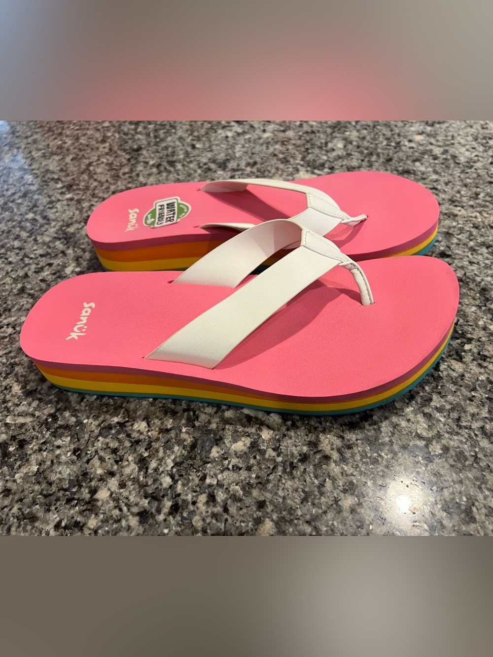 Sanuk Pink Platform Flip-Flops with White Straps and Rainbow Layered Sole